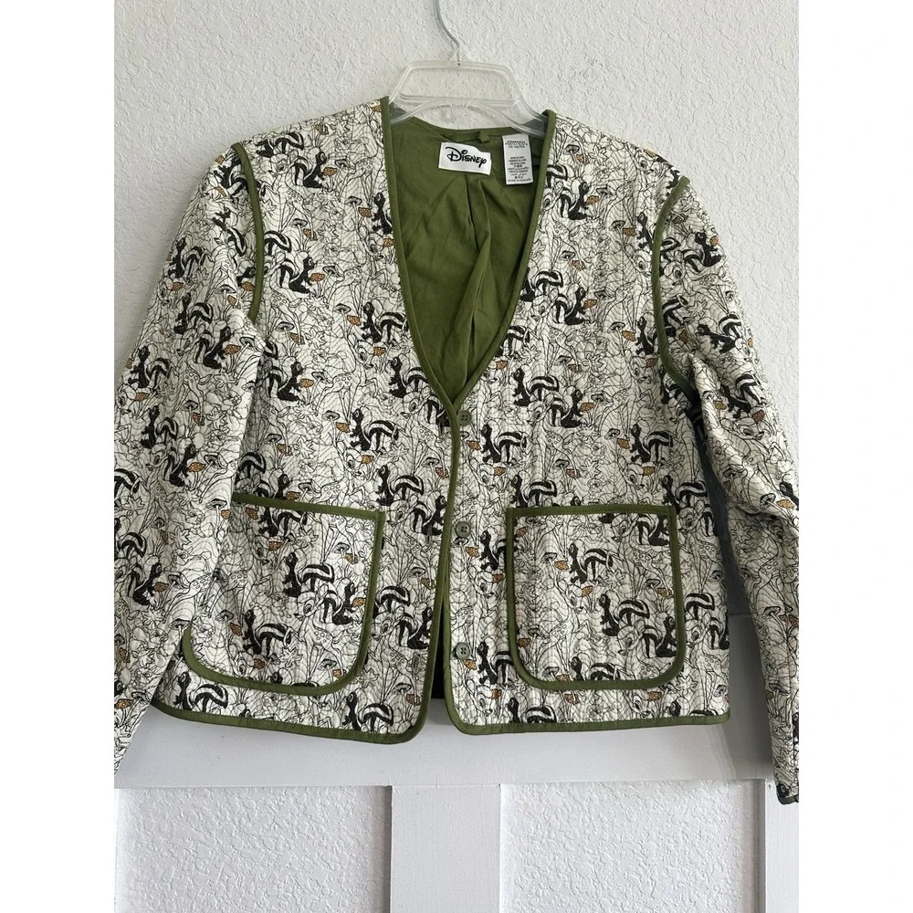 DISNEY M Quilted Bambi Flower Thumper Lined Pocket Boxy Green Jacket *NEW